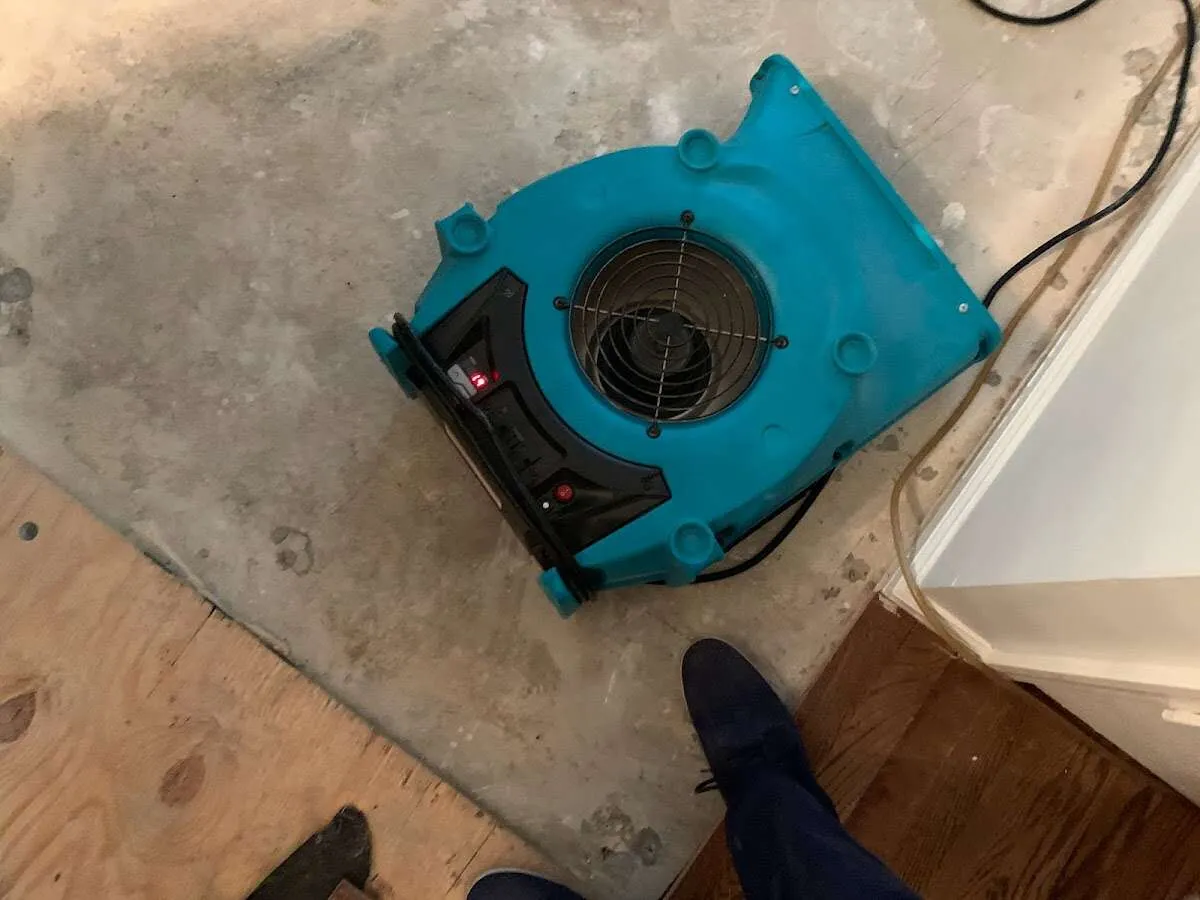 Air mover drying subfloor during Commercial Water Damage Restoration in Champaign